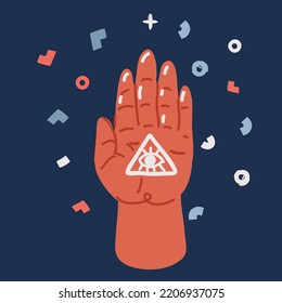 Cartoon vector illustration of hand is holding eye of providence. Mystic magic symbol for your use over dark backround