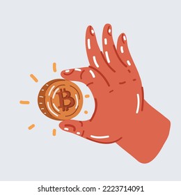 Cartoon vector illustration of hand holding golden Bitcoin isolated on white background