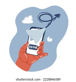 Cartoon vector illustration of Hand holding smartphone with paper plane on screen of the phone