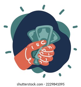 Dibujo vectorial de dibujos animados de mano sosteniendo el dinero sobre fondo oscuro