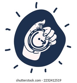 Cartoon vector illustration of Hand Holding Stopwatch black and white image