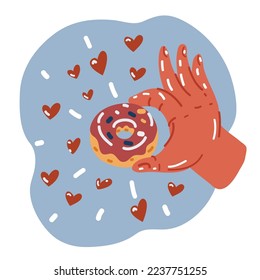 Ilustración vectorial de dibujos animados de la mano sosteniendo un donut de chocolate