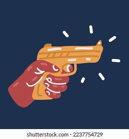 Cartoon vector illustration of hand holding black gun over dark backround