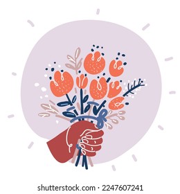 Cartoon vector illustration of hand holding flower bouqet