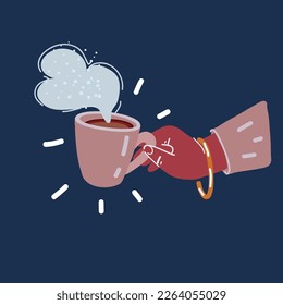 Cartoon vector illustration of Hand holding cup over dark background