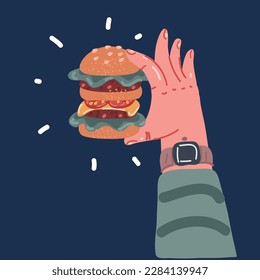 Dibujo vectorial de la mano sosteniendo una enorme hamburguesa. Doble carne de vacuno sobre fondo oscuro