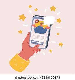 Cartoon vector illustration of hand holding smartphone with man on smartphone
