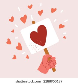 Cartoon vector illustration of hand holding banndr with red heart on it, health care, love. World heart day, world health day, world mental health day