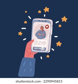Cartoon vector illustration of cartoon hand holding smartphone Hand using mobile phone over dark background
