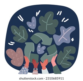 Cartoon vector illustration of Hand holding green plastic trash bag, garbage recycling over dark background