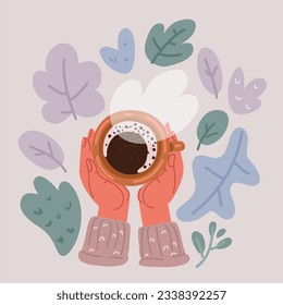 Cartoon, Vektorgrafik der Hand, die eine Tasse Kaffee hält. Draufsicht