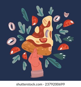 Cartoon vector illustration of hand holding a slice of pepperoni pizza.. Hand holding fast food over dark backround