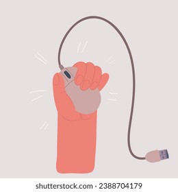 Cartoon vector illustration of Hand holding computer mouse with wire