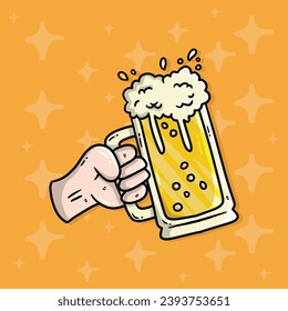 Cartoon vector illustration of hand holding glass of beer. New year eve vector illustration