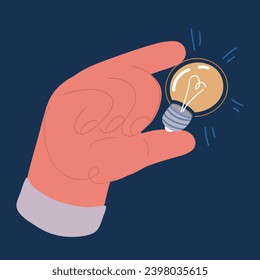 Cartoon vector illustration of Hand holding light bulb. Business idea concept over dark backround