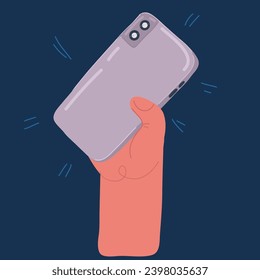 Cartoon vector illustration of Hand holding phone. Rear view over dark backround
