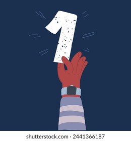 Cartoon vector illustration of hand holding First number. He was awarded the rank 1.Winner concept over dark backround