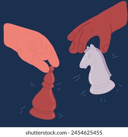 Cartoon vector illustration of hand holding chess piece. Strategy concept. Black and white. Bishop and horse figures over dark backround