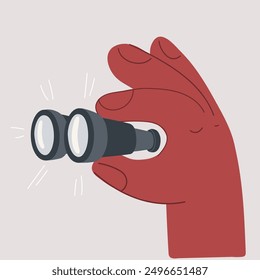 Cartoon vector illustration of Hand holding binoculars. Concept of search, vision, view, spying. Future strategy, business opportunity, exploration.