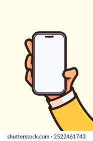 Cartoon-Vektorgrafik einer Hand, die ein leeres Smartphone mit einfachem Hintergrund hält