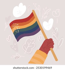 Cartoon vector illustration of Hand holding LGBT flag.