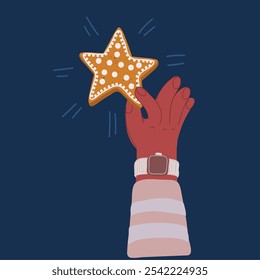 Ilustración vectorial de dibujos animados de mano sosteniendo galletas de jengibre. Concepto de celebración de Navidad. Forma de estrella sobre fondo oscuro