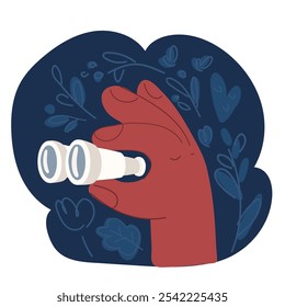 Cartoon vector illustration of hand holding binoculars over dark background