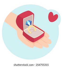 Cartoon vector illustration of a hand holding a giftwrapped red romantic Valentines or anniversary gift with a symbolic heart above