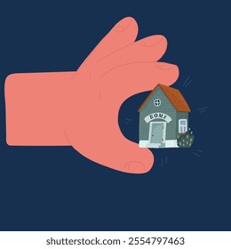 Cartoon vector illustration of Hand holding tiny house. Person selling or buying property flat vector illustration. Real estate, mortgage, investment. Hands presenting a tiny house over dark backound