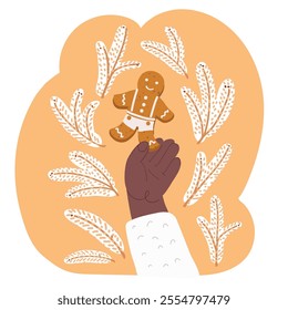 Cartoon vector illustration of hand holding tasty man shaped gingerbread cookie or biscuit. Merry Christmas and Happy New Year concept.