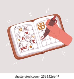 Cartoon vector illustration of hand holding pen making notes in diary, close up view. Ideas and plans, creative thoughts to notebook. Create to-do or wish list concept