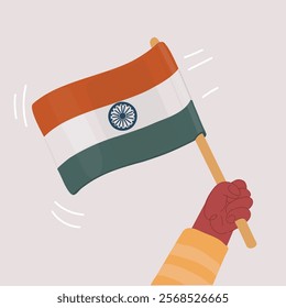 Cartoon vector illustration of hand holding Indian flag, with happy republic day