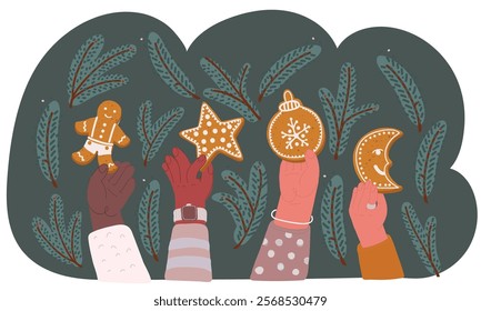 Cartoon vector illustration of Hand holding gingerbread cookies. Gingerbread cookies. A sweet reward. Hand holding star, man, ball, crescent shapes gingerbread. Merry Christmas and Happy New Year 