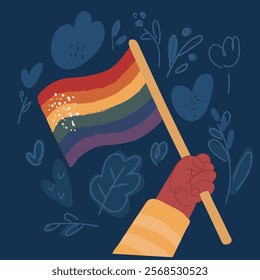 Cartoon vector illustration of Hand holding LGBT flag over dark background