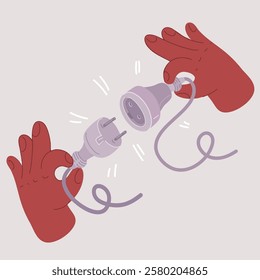 Cartoon vector illustration of Hand holding Electric plugs. Electrical equipment, electrical wires and power strips in the house. Earth Hour saving electrical energy. Connection concept. On, Of, broke