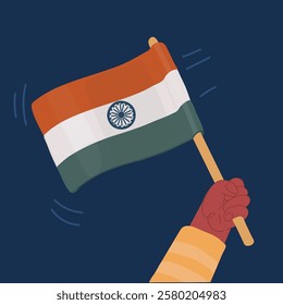 Cartoon vector illustration of hand holding indian flag over dark backround