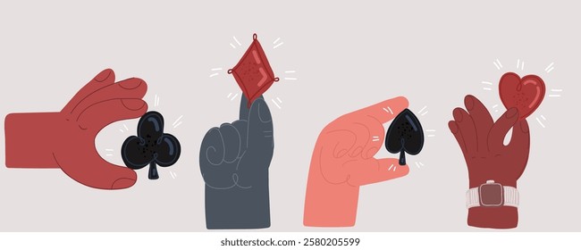Cartoon vector illustration of Hand holding playing cards suits. Clubs, diamonds, spades, hearts.