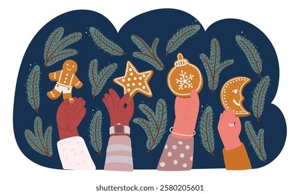 Cartoon vector illustration of Hand holding gingerbread cookies. Gingerbread cookies. Merry Christmas and Happy New Year concept.