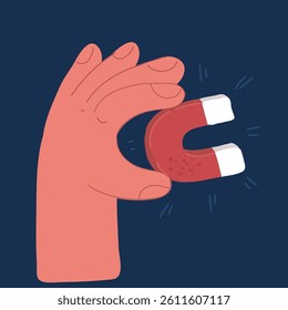 Cartoon vector illustration of hand holding a magnet over dark background