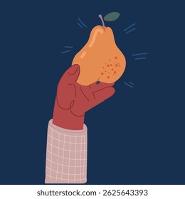 Cartoon vector illustration of hand holding pear over dark background