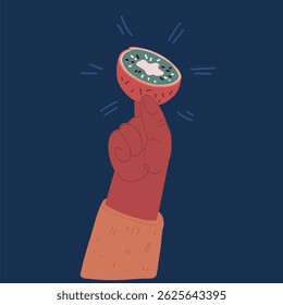 Ilustração vetorial de desenho animado de mão segurando Kiwi sobre fundo escuro