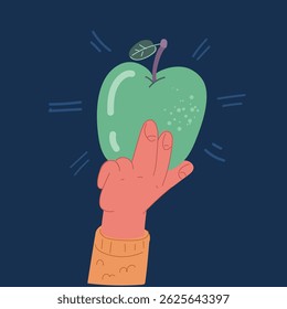 Cartoon vector illustration of hand holding green Apple over dark background