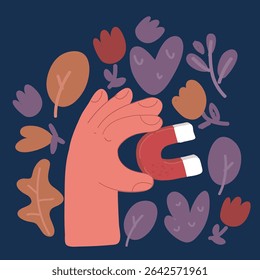 Cartoon vector illustration of hand holding a horseshoe magnet field attracting
