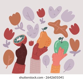 Cartoon vector illustration of hand holding green apple, pear and kiwi