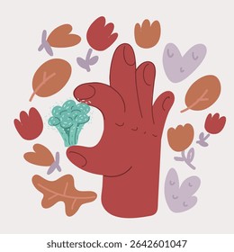 Cartoon vector illustration of Hand holding Fresh raw broccoli