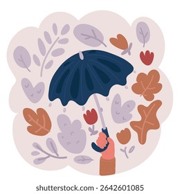 Cartoon vector illustration of hand is holding umbrella, rain, season, protecting, ill, sick, cold, fall, autumn concept.