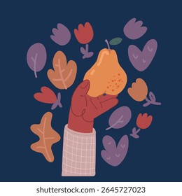 Cartoon vector illustration of hand holding ripe pear. Healthy eating and diet concept over dark background