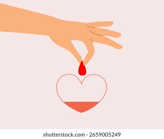 Ilustración vectorial de dibujos animados de una mano sosteniendo una gota de sangre que llena un corazón vacío, que simboliza la donación, el cuidado y la Asistencia que salva vidas