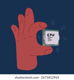 Cartoon, Vektorgrafik von Hand haltender kleiner leistungsstarker Computerprozessor auf dunklem Hintergrund