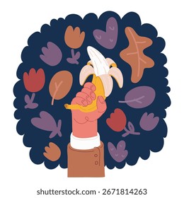 Ilustración vectorial de la historieta de la mano que sostiene el plátano aislado sobre fondo oscuro
